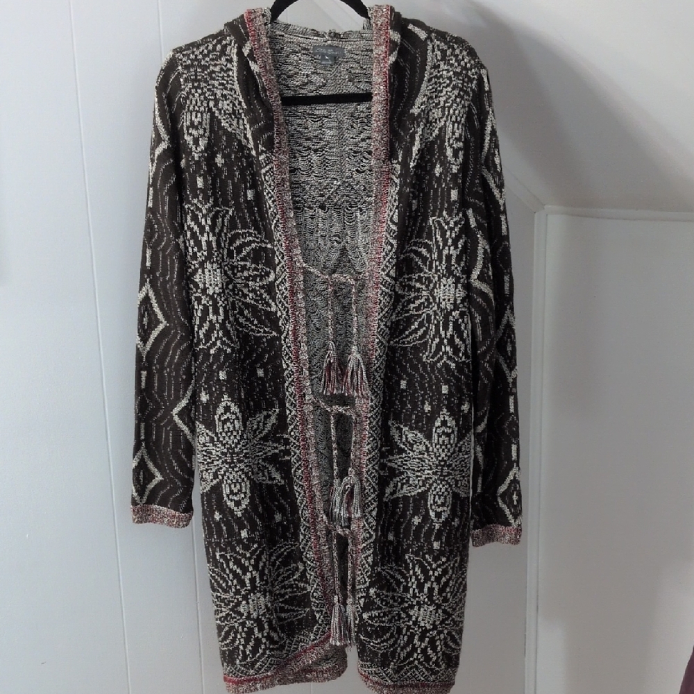 Eddie Bauer Brown and Cream Knit Open-Front Cardigan with Pink Trim
